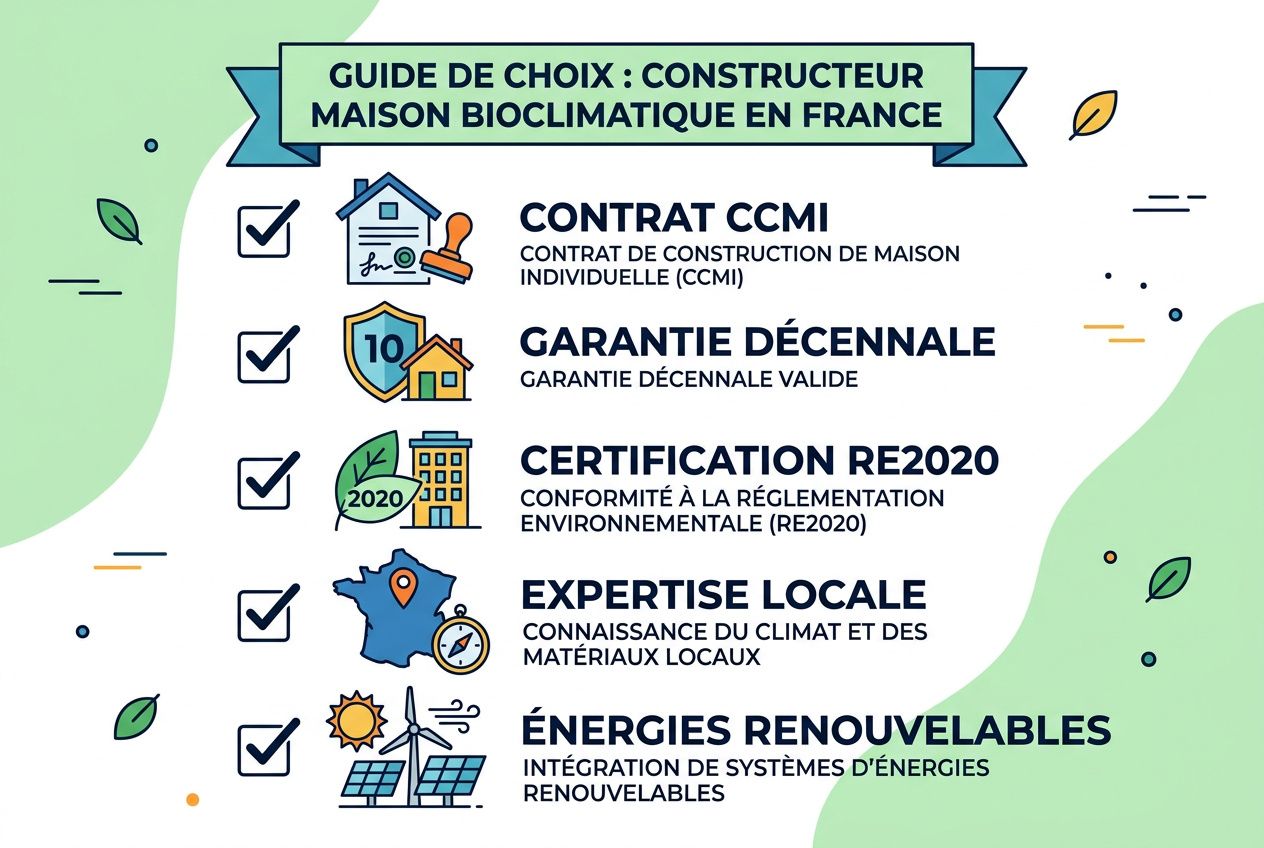 Guide de choix : constructeur maison bioclimatique en France, affiche sur contrat CCMI et énergies renouvelables.