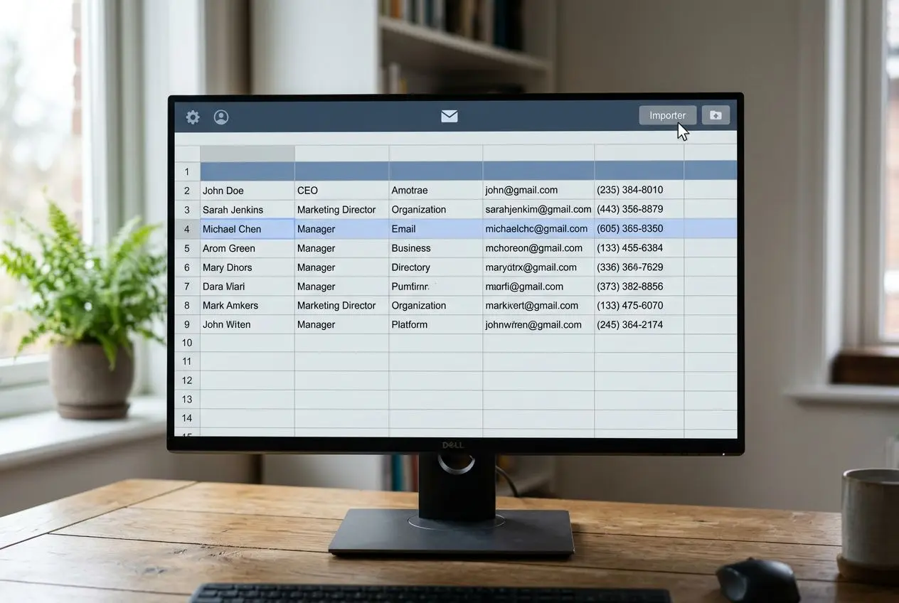 Affichage d’un fichier contacts sur écran d’ordinateur, tableau avec noms, postes et emails. Intègre le sujet “comment faire du marketing sms”.
