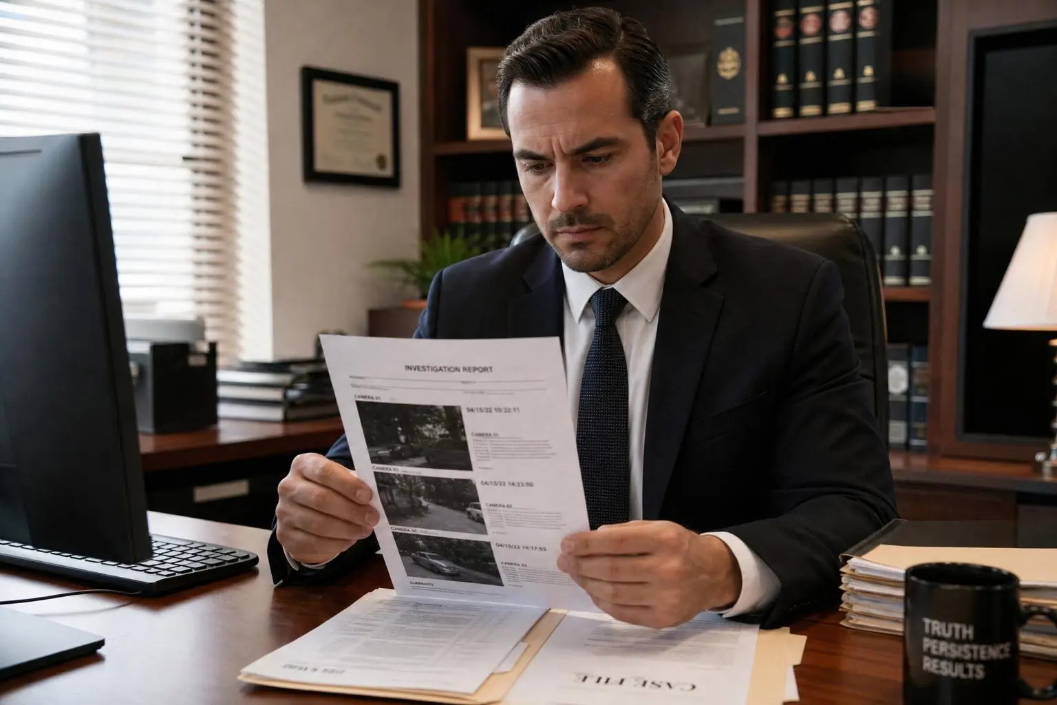Agent enquêteur lisant un rapport d’enquête sur son bureau, avec ordinateur et dossiers, sous l’éclairage d’un bureau professionnel. valeur juridique des rapports de détectives privés intégrée naturellement.