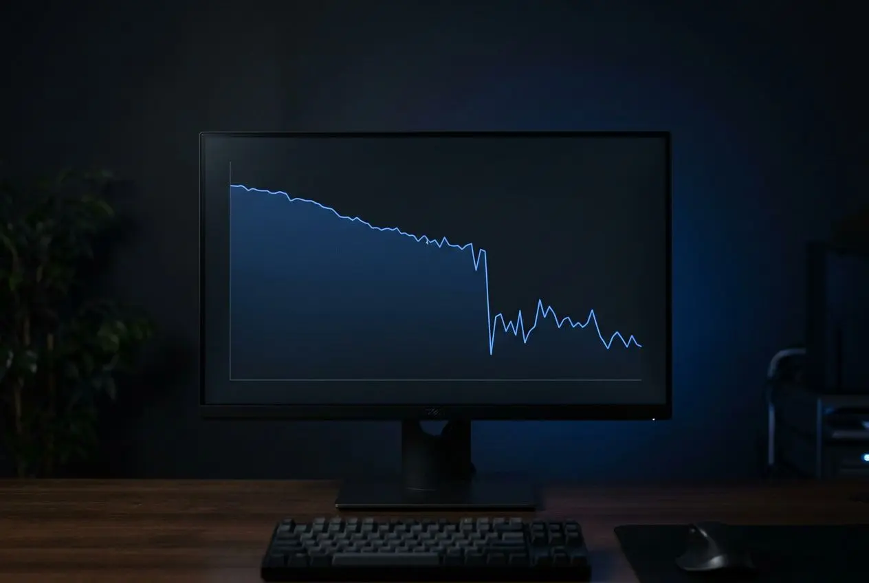 Image d’un écran d’ordinateur affichant un graphique en baisse, sur fond sombre, avec clavier devant. alertes baisse positionnement configurer 【includes keyword】