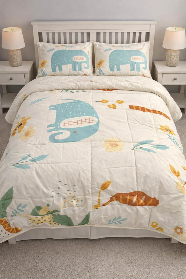 Twin bed with a white wooden headboard, matching nightstands, and soft beige carpet. Quilt features blue elephants and yellow flowers; two matching pillow shams.