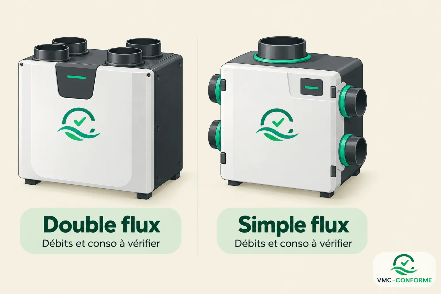 VMC double flux et simple flux représentées côte à côte, chaque unité blanche avec logos verts et conduits noirs; étiquettes