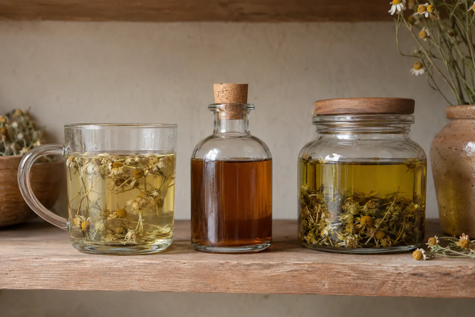 Trois fioles et tasse en verre contenant des infusions et macérations de plantes sèches sur une étagère en bois.