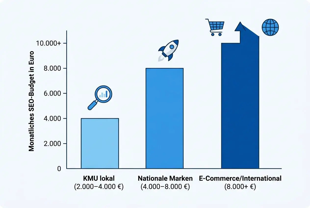 Diagramm: Monatliches SEO-Budget in drei Kategorien : KMU lokal, nationale Marken, E-Commerce/International. Leichte bis mittlere Balken mit Icons (Lupe, Rakete, Einkaufskorb). Werte ca. 4k, 8k und 10k+. Integration des keyword: seo audit kosten preise.