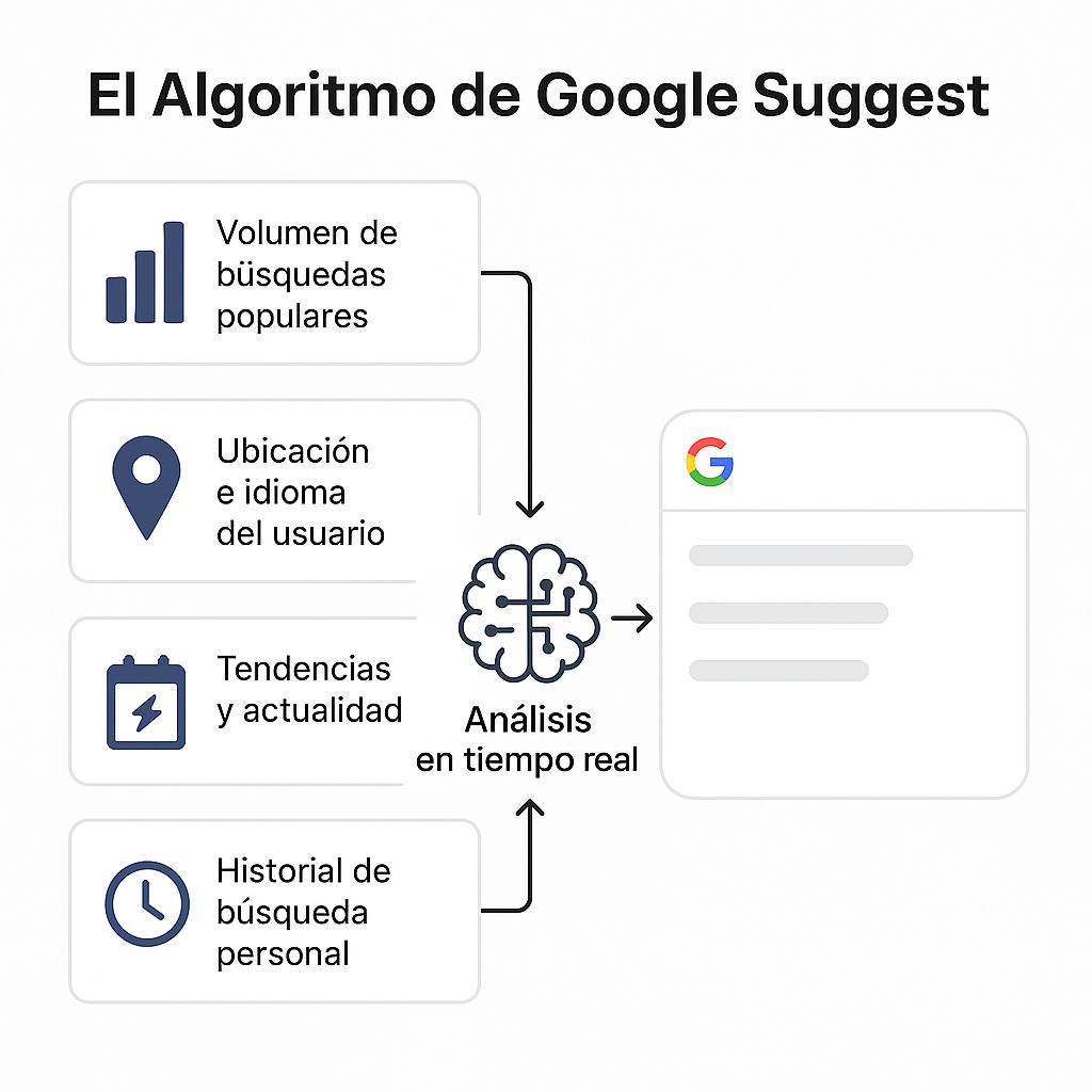 Esquema que ilustra el funcionamiento del algoritmo de Google Suggest, mostrando cómo factores como el volumen de búsqueda, la ubicación, las tendencias y el historial del usuario influyen en las predicciones de búsqueda que se muestran.