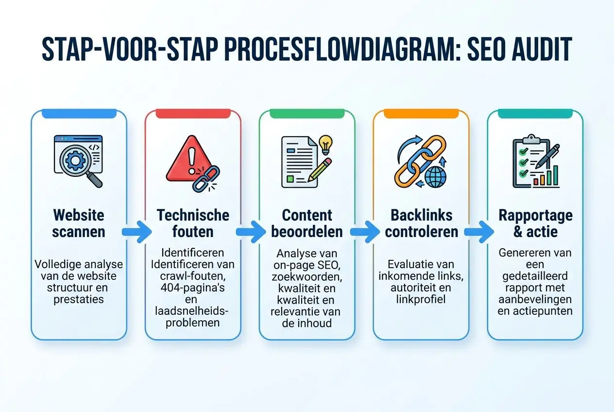 Een stapsgewijs procesflowdiagram voor SEO-audit met vijf fasen: website scanner, technische fouten, content beoordelen, backlinks controleren en rapportage & actie. keyword integrated: seo audit software vergelijk.