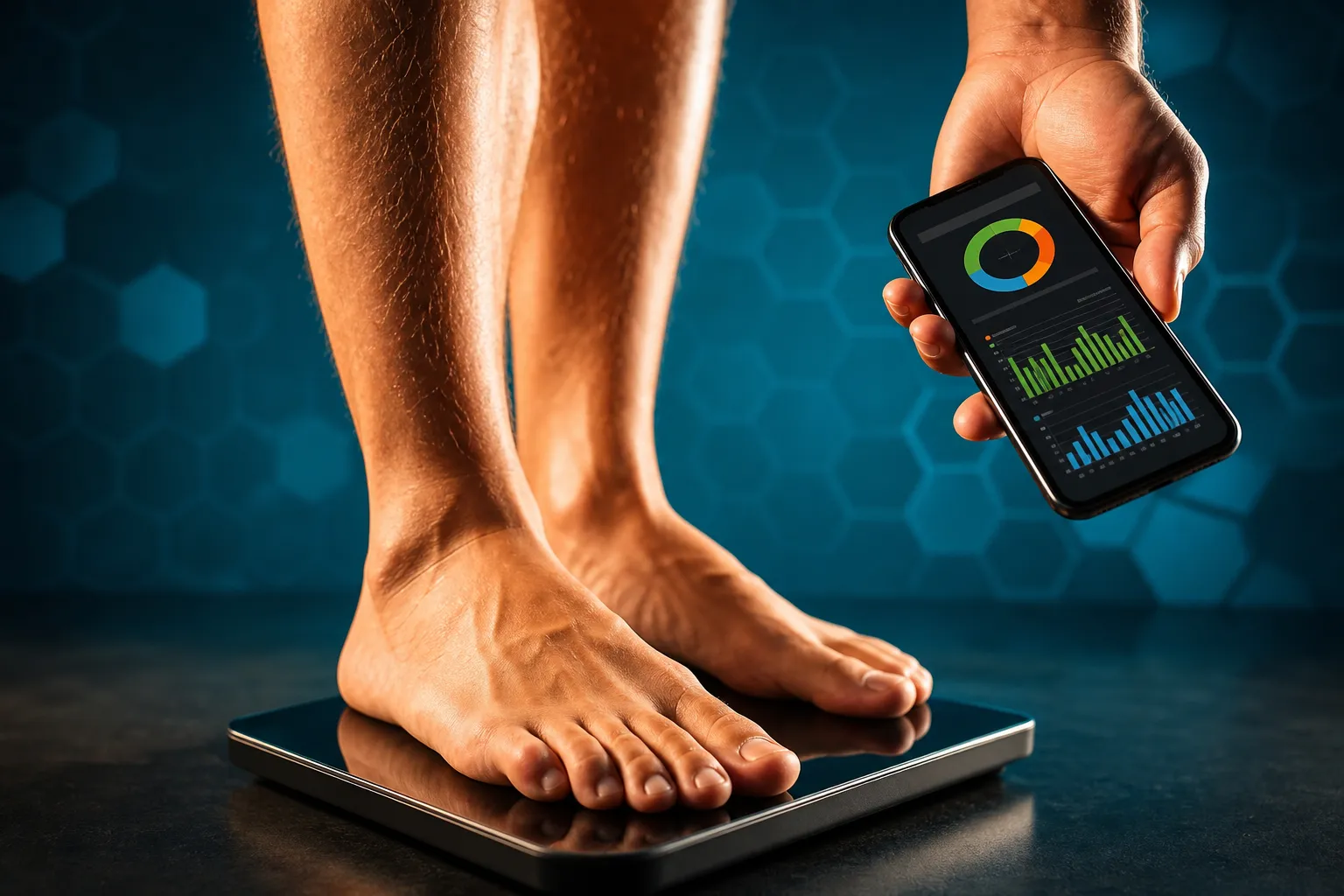 Persona de pie descalza sobre una balanza digital, mientras mira un móvil con gráficos de progreso, relacionado con cuánta proteína necesito diario.