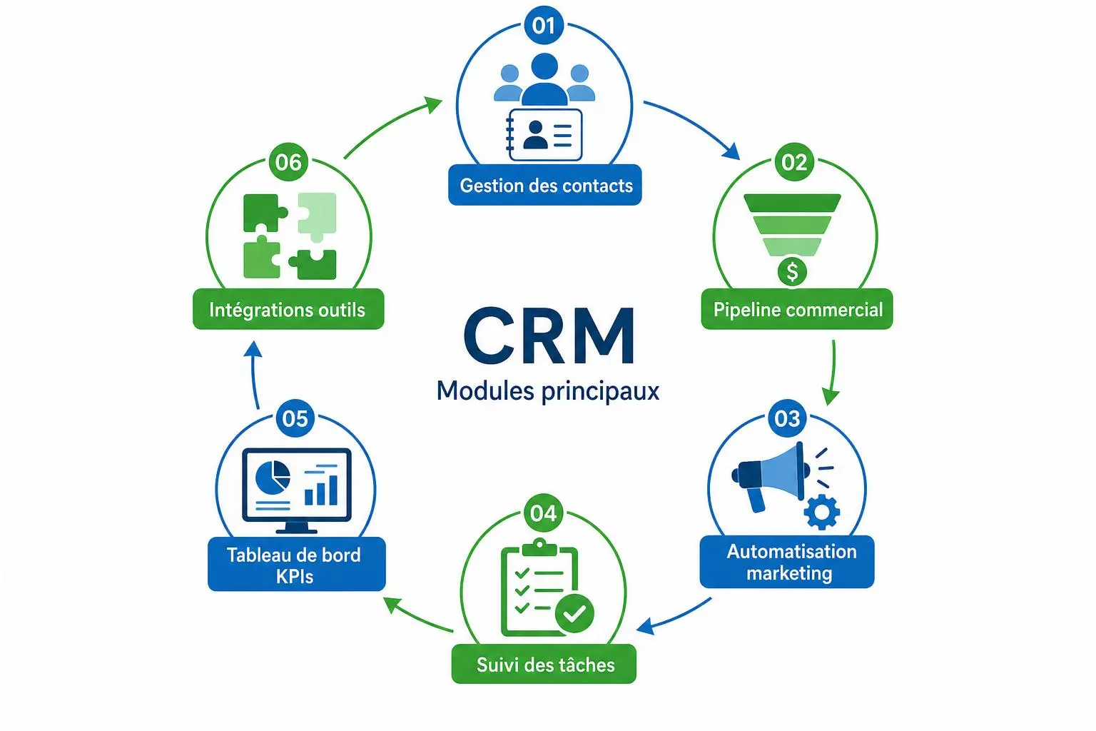 Diagramme circulaire "CRM" présentant les modules principaux: Gestion des contacts, Pipeline commercial, Automatisation marketing, Suivi des tâches, Tableau de bord KPIs, Intégrations outils. crm en ligne.