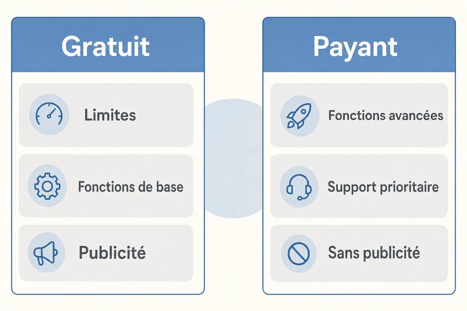 Comparatif visuel “Gratuit vs Payant” montrant deux colonnes: limites, fonctions de base et publicité à gauche; fonctions avancées, support prioritaire et sans publicité à droite. Intègre l’outil gestion des tâches.