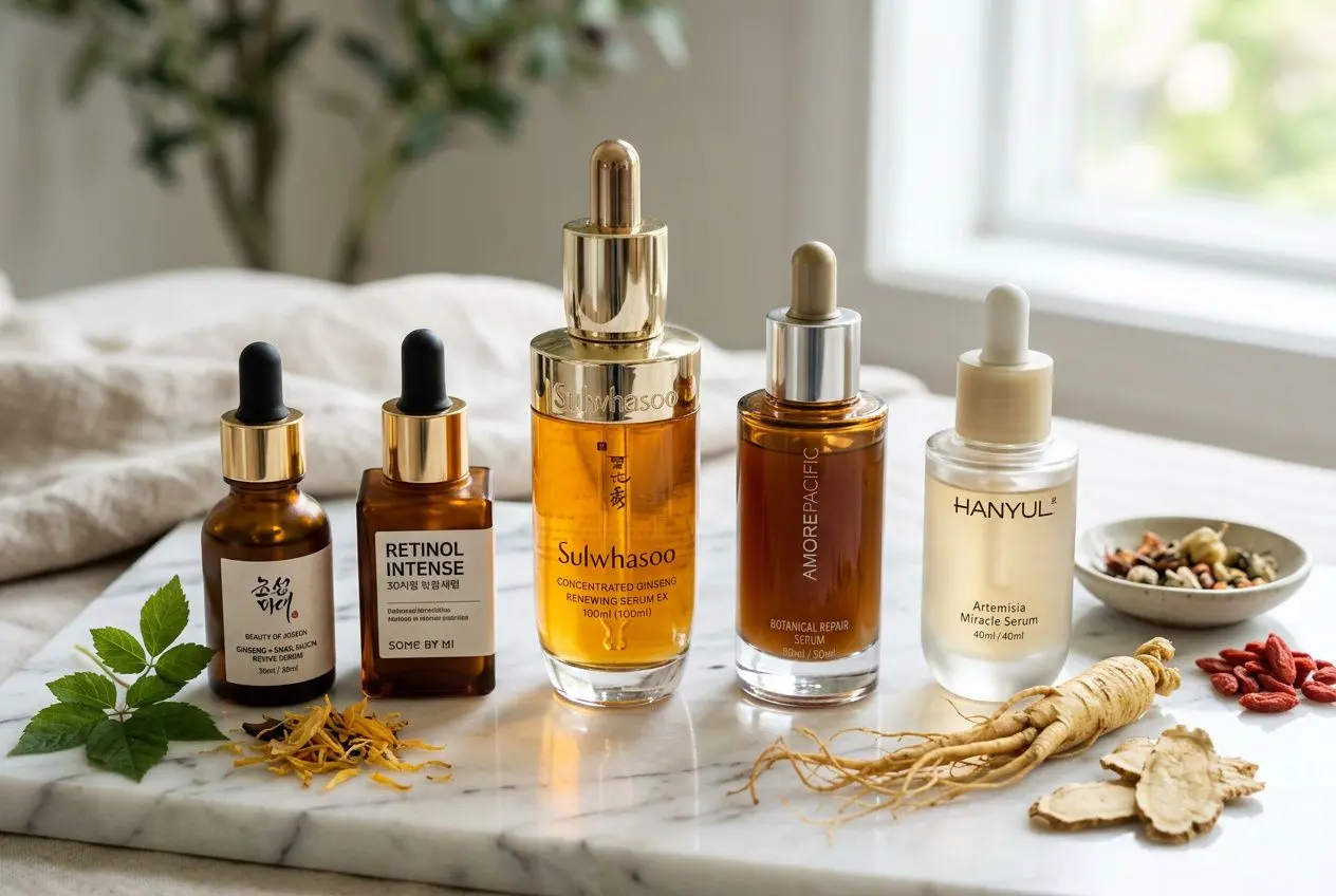 Variée sélection de sérums et élixirs coréens sur marbre, prêtresse d’une routine anti-âge peau mature.