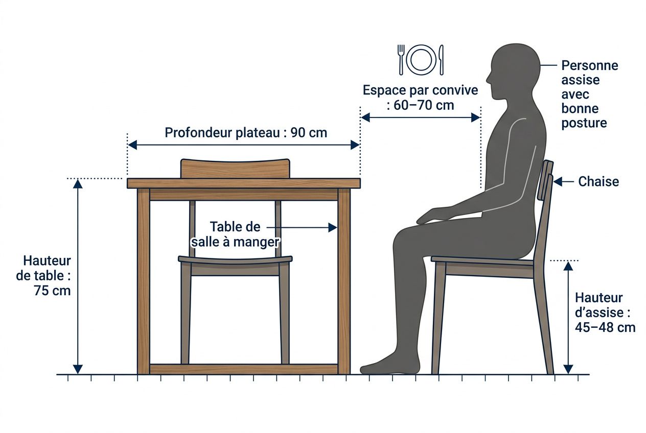 Schéma expliquant les dimensions d’une table à manger et d’une chaise pour une personne assise, avec hauteur de table 75 cm, espace pour convive 60–70 cm et hauteur d’assise 45–48 cm. Met en évidence la chaise, la table et l’assise pour montrer comment choisir une table de repas.