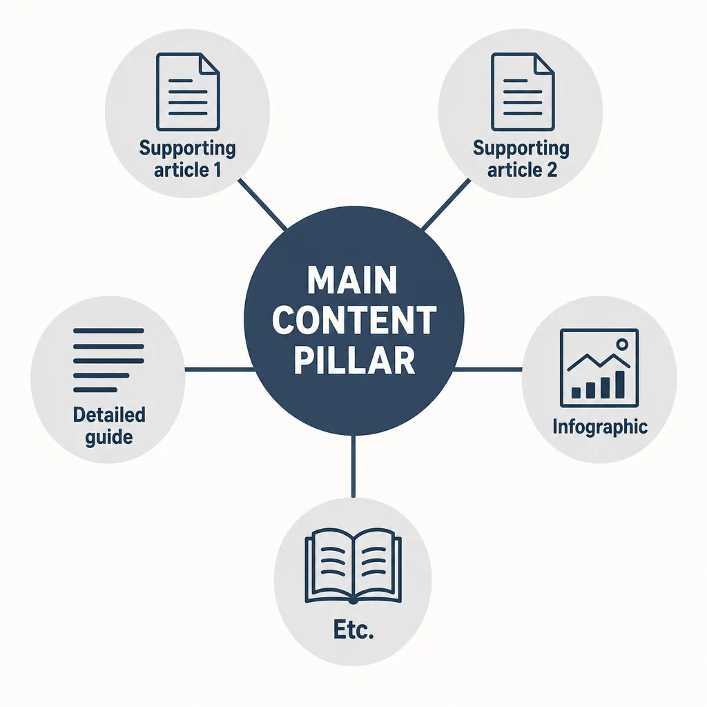 Diagram of an SEO topic cluster: a central pillar page linked to several supporting cluster pages to reinforce topical coherence.