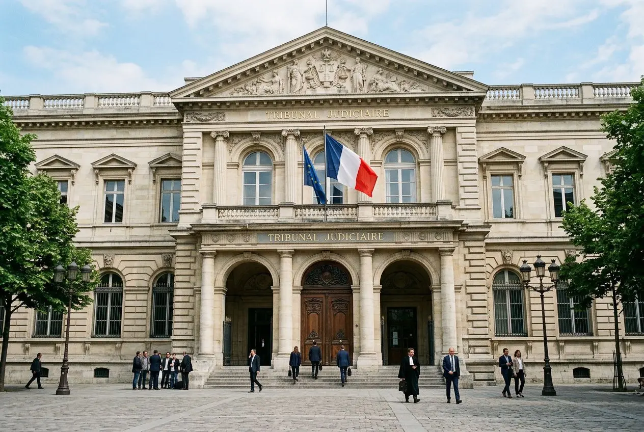 Tribunal judiciaire français en façade, drapeaux tricolores sur le balcon, personnes entrant et sortant devant l’entrée. preuve infidélité divorce pour faute intégrée.