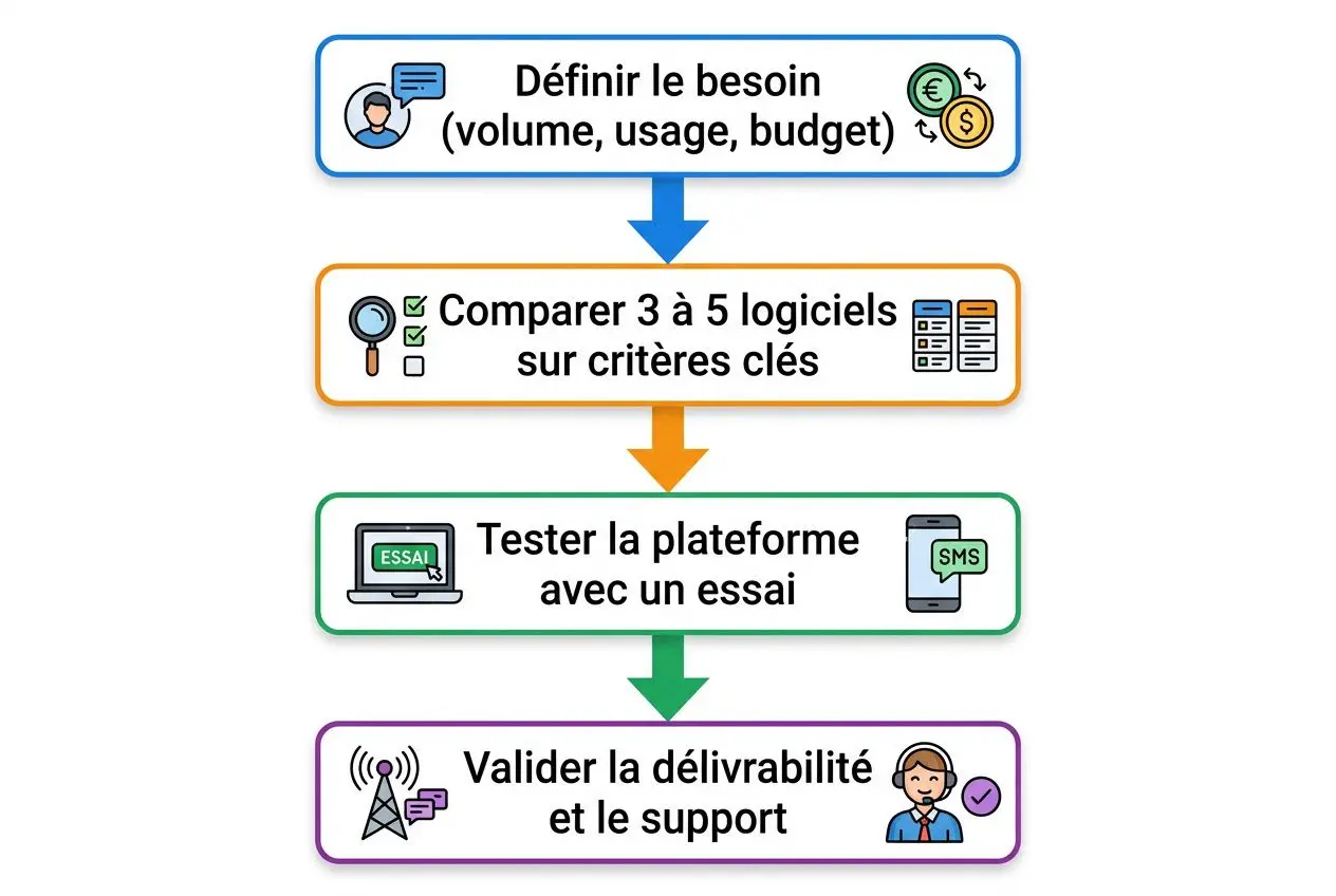 Processus comparatif d’outils marketing: décrire le besoin, comparer 3 à 5 logiciels sur critères clés, tester la plateforme avec un essai, puis valider la délivrabilité et le support. Logiciel gestion campagne sms intégré.