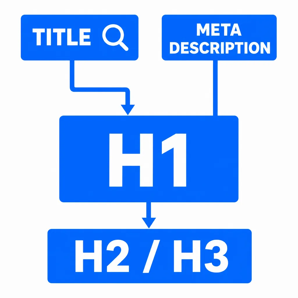 Diagram of the essential HTML tags for SEO: title tag and meta description feeding into the H1, then the H2/H3 headings