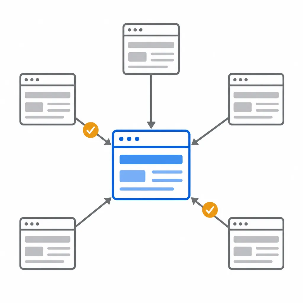 Schéma d'un site central vers lequel convergent les liens de cinq autres sites, illustrant les backlinks comme des votes de confiance.