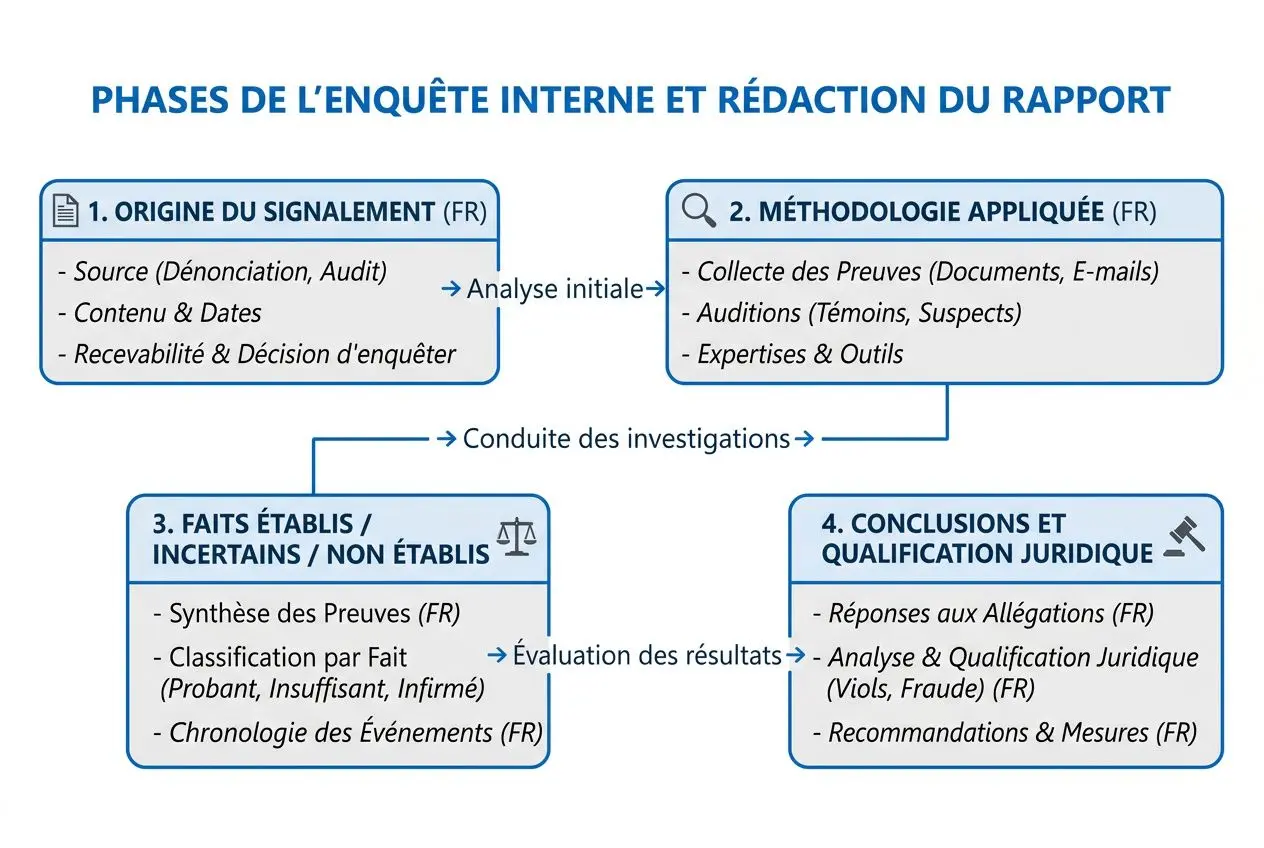 Phases de l’enquête interne et rédaction du rapport: origines du signalement, méthodologie appliquée, faits établis et conclusions/qualification juridique.