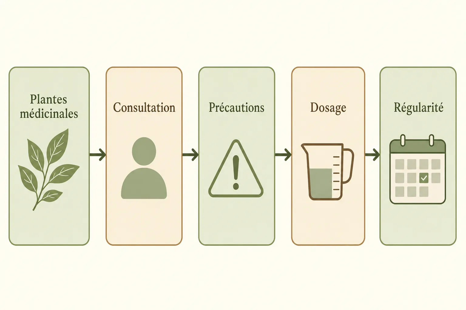 Diagramme illustrant le parcours de la phytothérapie pour les bouffées de chaleur: plantes médicinales, consultation, précautions, dosage et régularité.