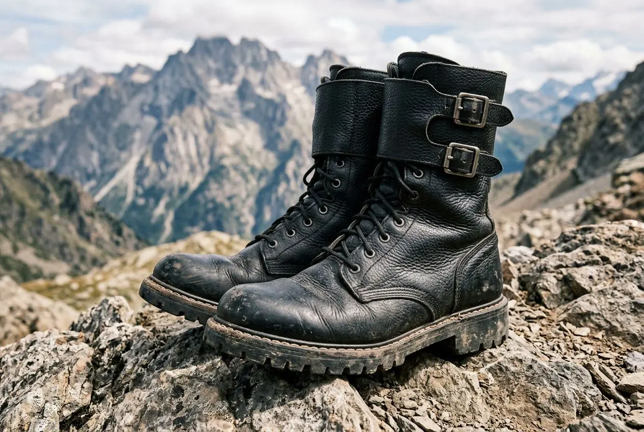 Chaussures d’intervention en cuir noir sur rochers de montagne, avec lacets et double sangles, ambiance nature et terrain abrasif pour démontrer robustesse et protection. chaus­sures intervention tout savoir.