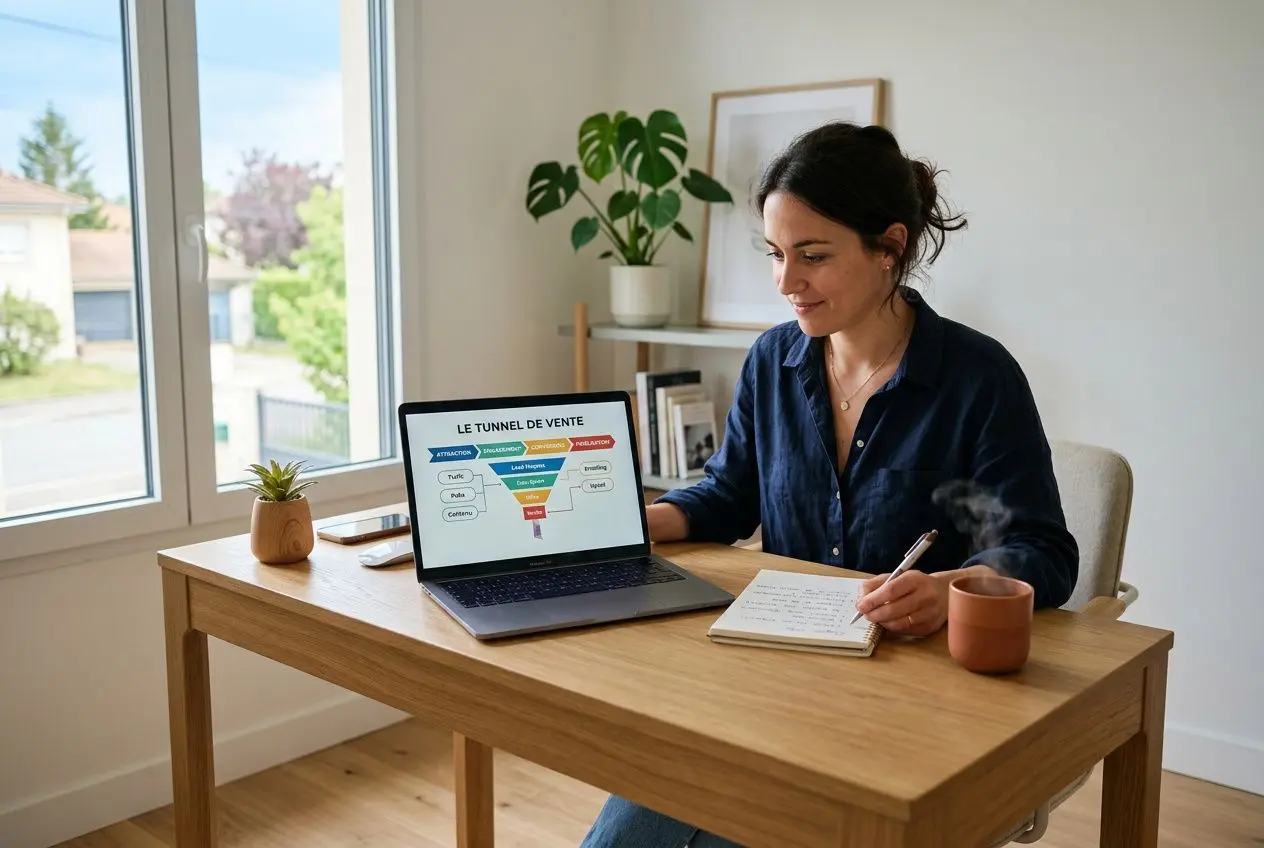 Contexte: une femme travaille à domicile sur un ordinateur portable montrant un diagramme du tunnel de vente; elle prend des notes près d'une tasse et d'un carnet. tunnel de vente affiliation intégré: "Tunnel de vente affiliation" visible sur l'écran. ambiance calme et productivité.