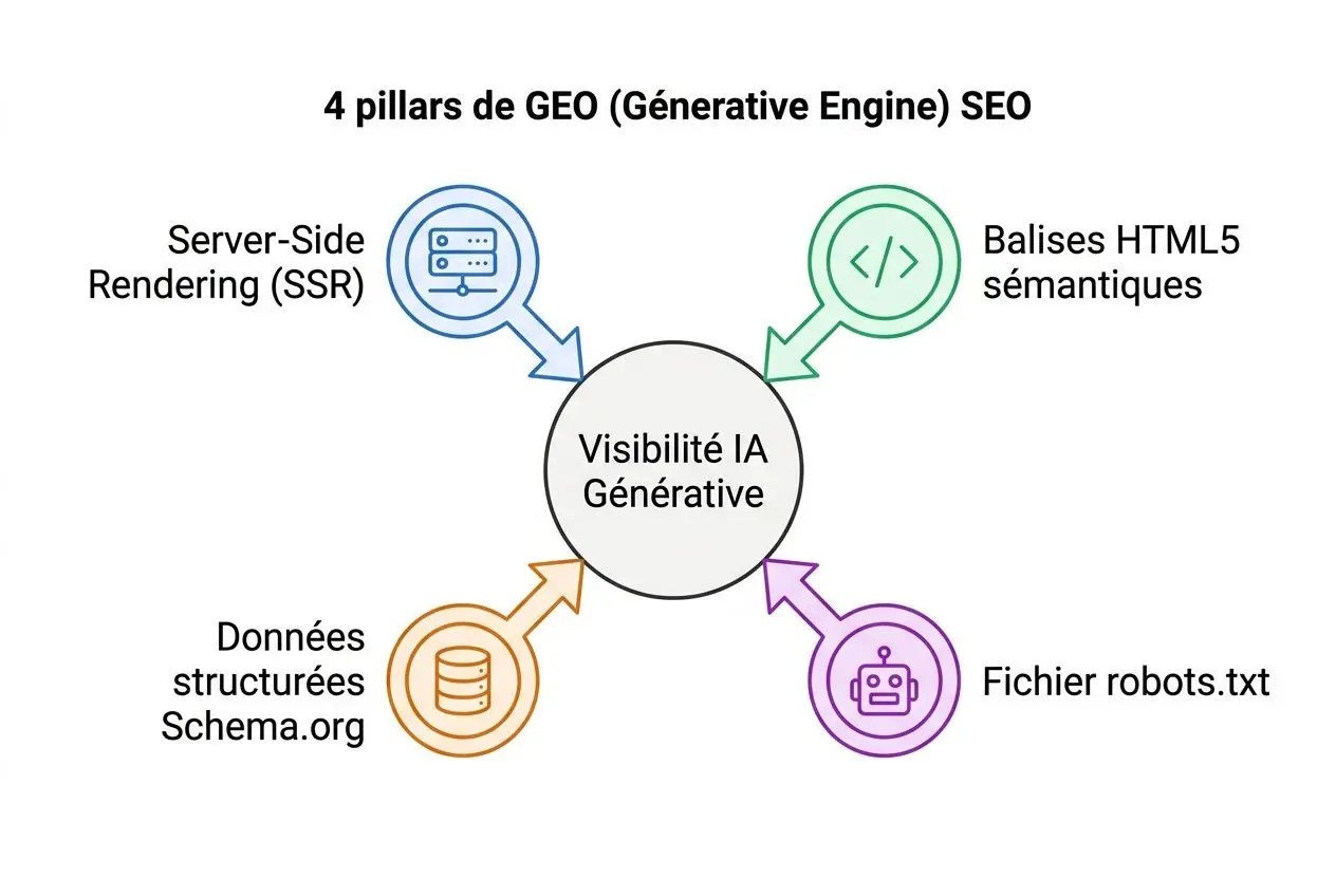 Diagramme illustrant les 4 piliers de GEO (Générative Engine) SEO autour de la Visibilité IA Générative, incluant données structurées Schema.org, balises HTML5 sémantiques, fichier robots.txt et rendu serveur SSR. Intégration du concept “comment optimiser son geo” de manière naturelle.