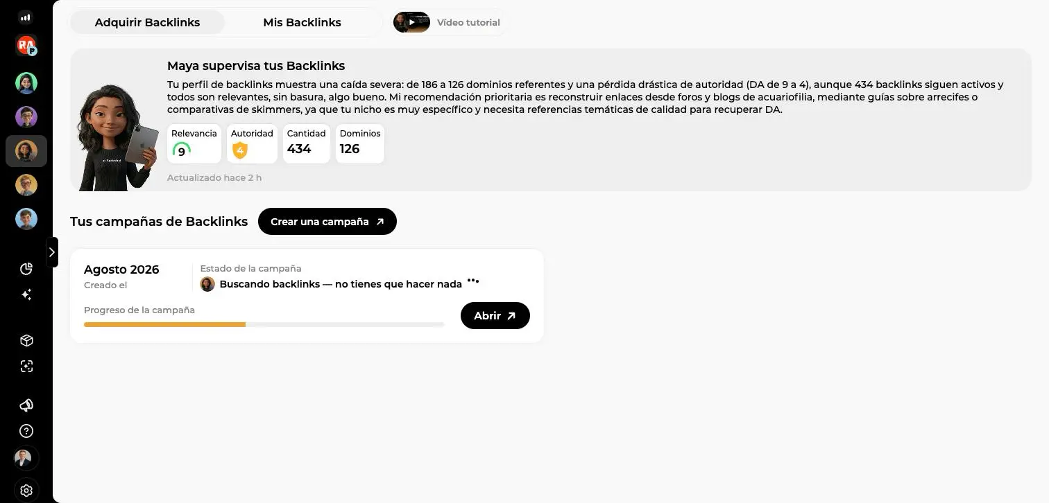Pestaña Adquirir Backlinks: informe de Maya y contadores Relevancia 9, Autoridad 4, Cantidad 434, Dominios 126, con el botón Crear una campaña