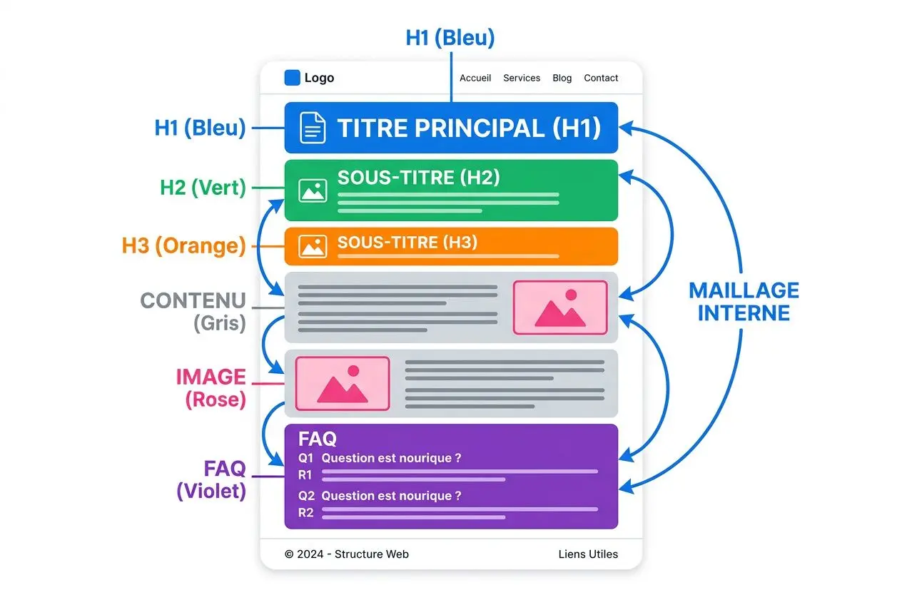 Diagramme d’architecture de page web montrant les balises H1, H2 et H3, le contenu, les images et le FAQ, avec maillage interne pour optimiser son seo.