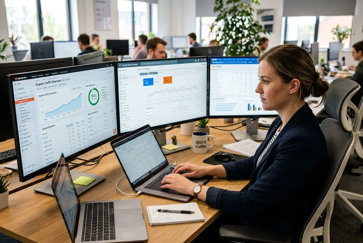 Businesswoman working with multiple monitors displaying analytics dashboards in a modern office, laptop open, note pad nearby. seo automation tools 2026 integrated subtly.