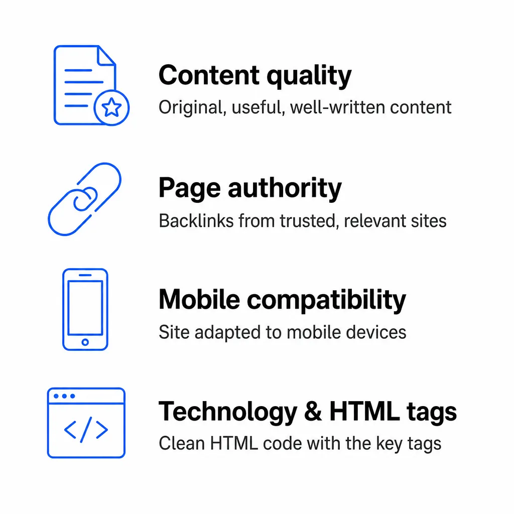 Main criteria Google checks before indexing: content quality, page authority, mobile compatibility, technology and HTML tags