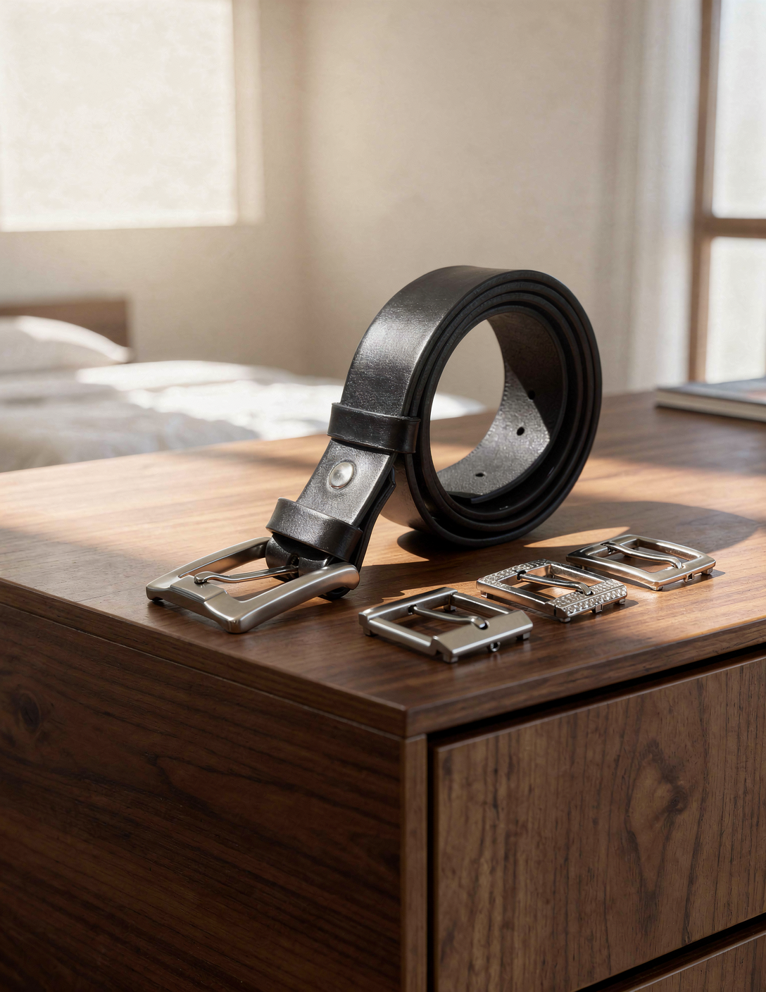 Ceinture cuir noir avec boucle interchangeable sur commode moderne