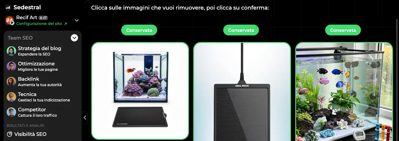 Selezione delle immagini ritoccate dall'IA, ognuna con l'etichetta verde Conservata, tra cui il pannello riscaldante su fondo bianco