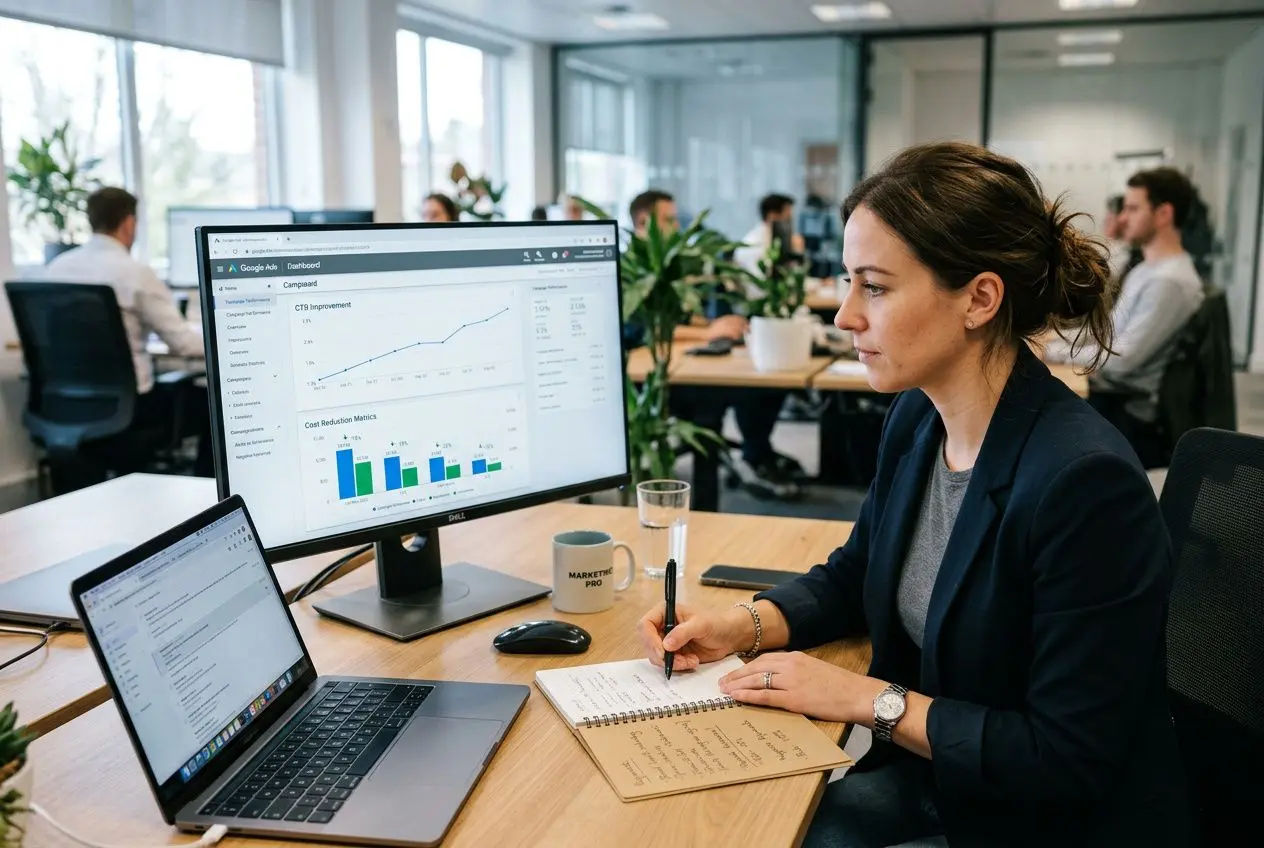 Analyste en marketing devant un écran montrant des graphes et données, notant sur un carnet. Le contexte met en avant les mots-clés négatifs seo et l’optimisation des campagnes Google.