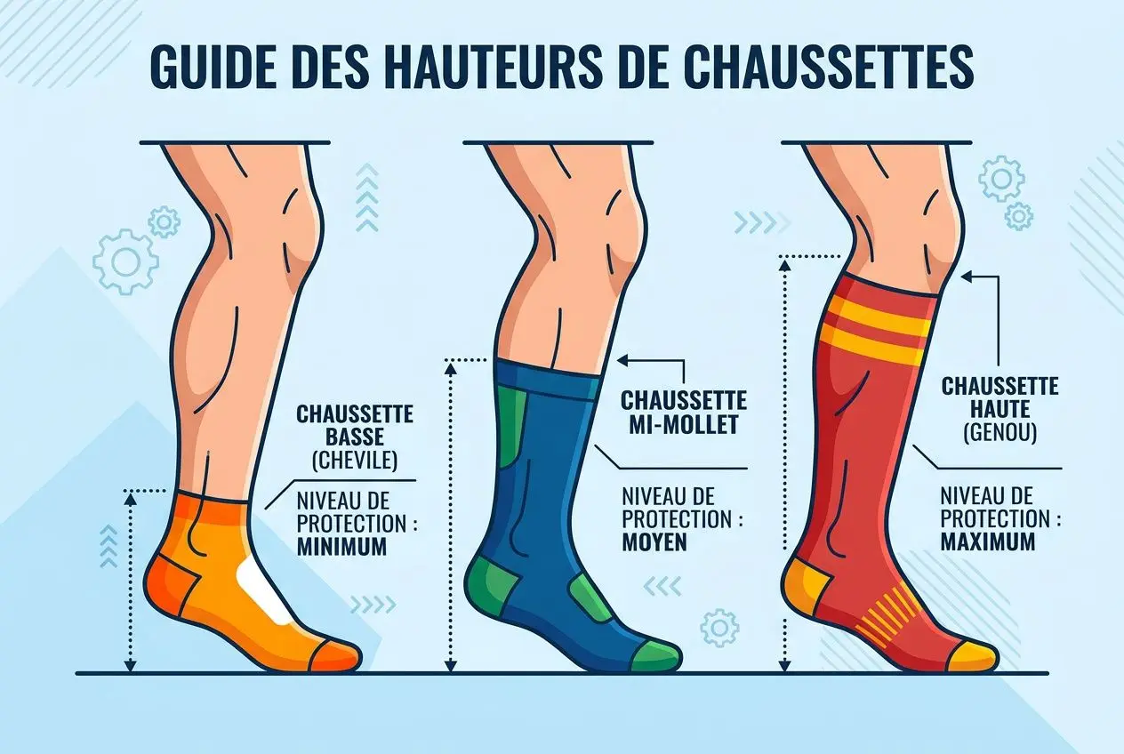 Trois pieds en chaussettes outdoor de hauteurs et conception différentes, du bas au haut: chaussette basse, chaussette moyenne et chaussette haute, montrant les niveaux de protection respectifs. Choisir la bonne paire de chaussettes outdoor selon l’usage.