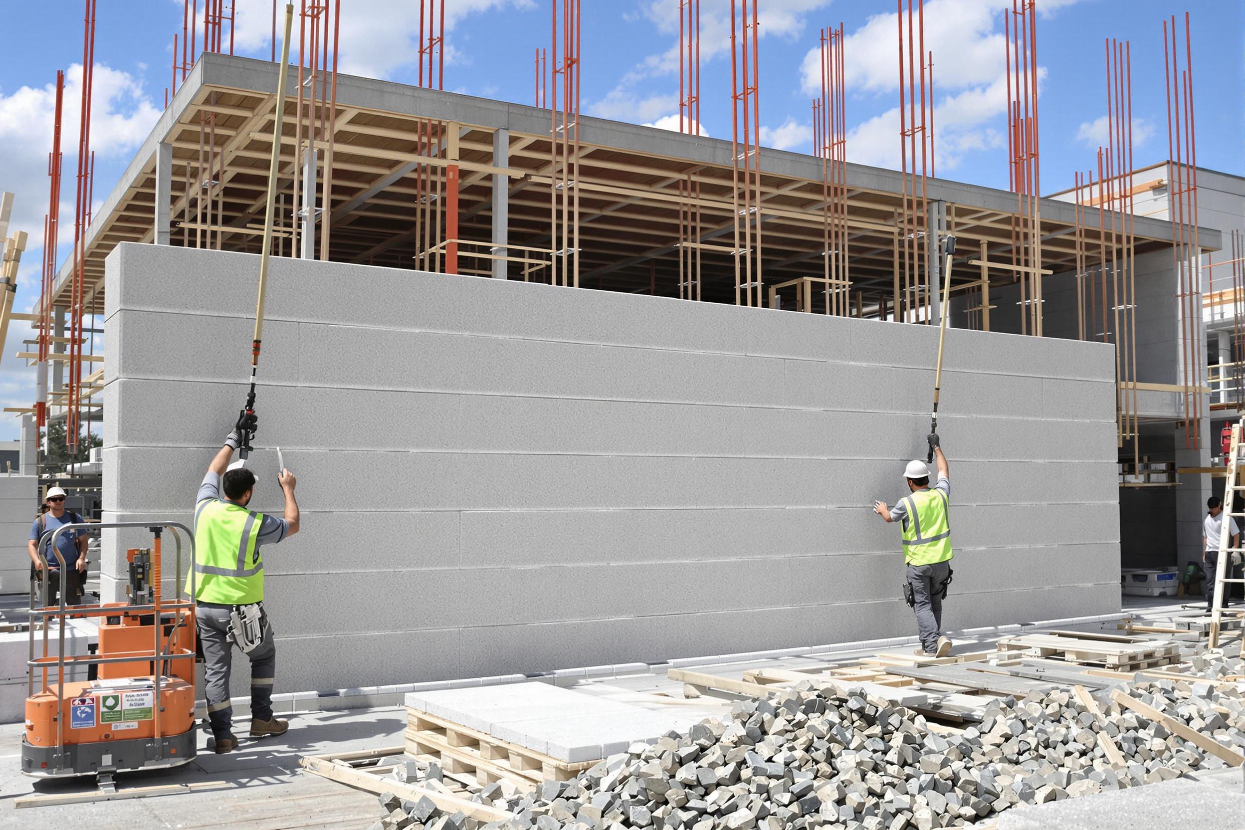 Chantier de pose de panneaux en béton cellulaire pour mur extérieur préfabriqué