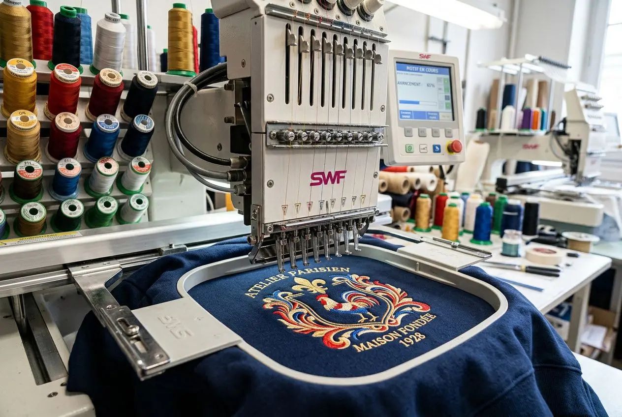 SWEAT brodé personnalisé en cours de broderie machine sur fond bleu, logo complexe et texte doré, équipements et fils colorés en arrière-plan.