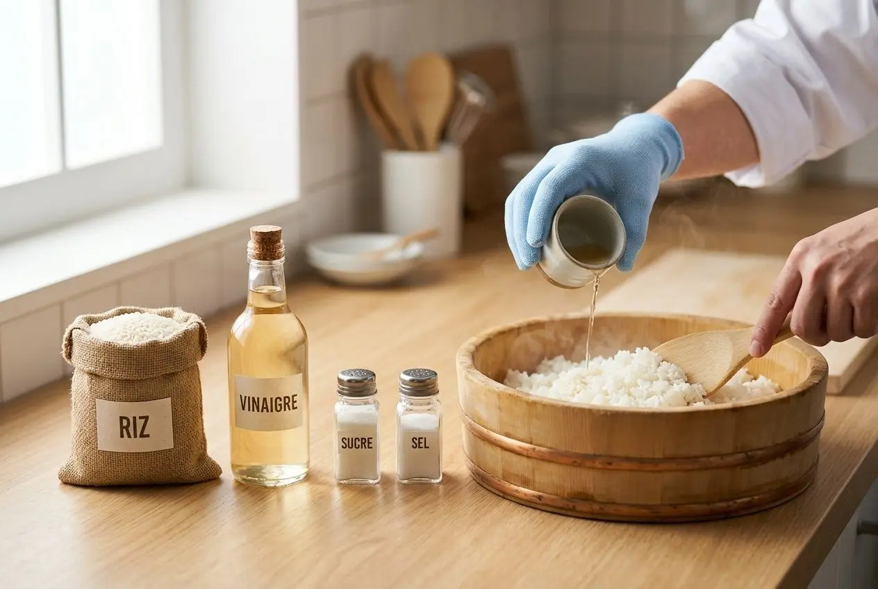 Les trois ingrédients du shari (riz, vinaigre, sucre et sel) disposés en étapes sur un plan de travail en bois.