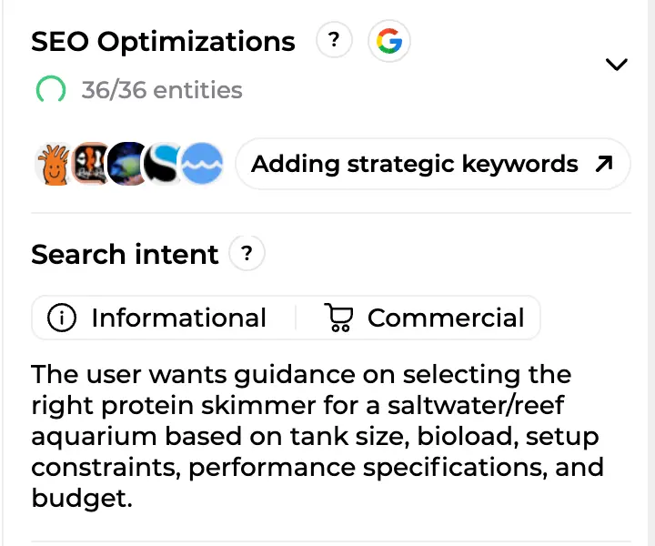 Editor panel SEO Optimizations with 36/36 entities, competitor sources and detected search intent
