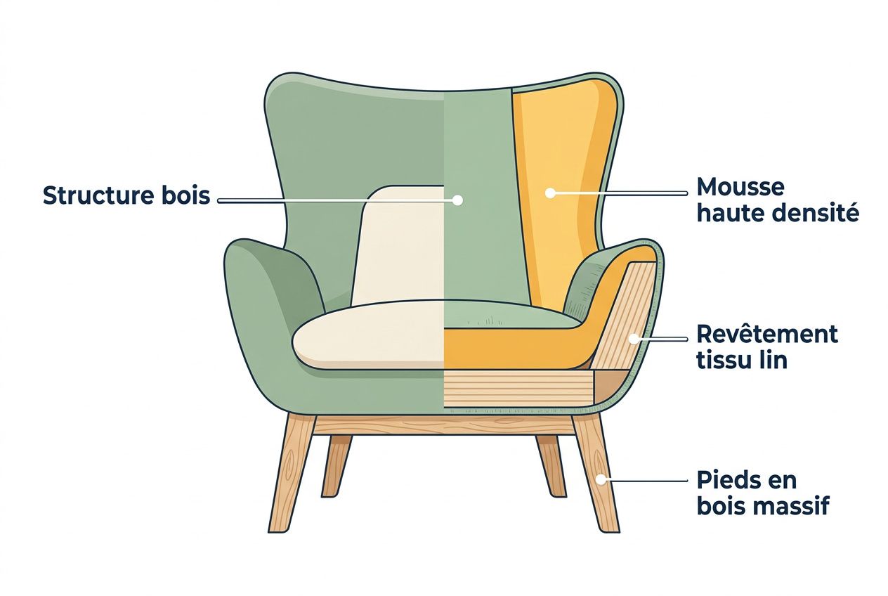 Fauteuil salon confortable conseils: schéma montrant structure bois, mousse haute densité et revêtement tissu lin, pieds en bois massif.