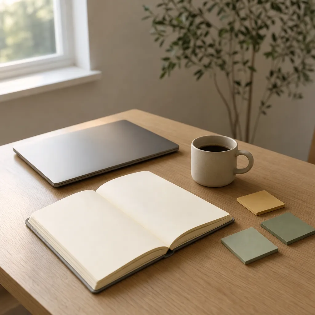 Bureau lumineux avec carnet ouvert, ordinateur fermé et notes vierges, évoquant la définition d'objectifs marketing.