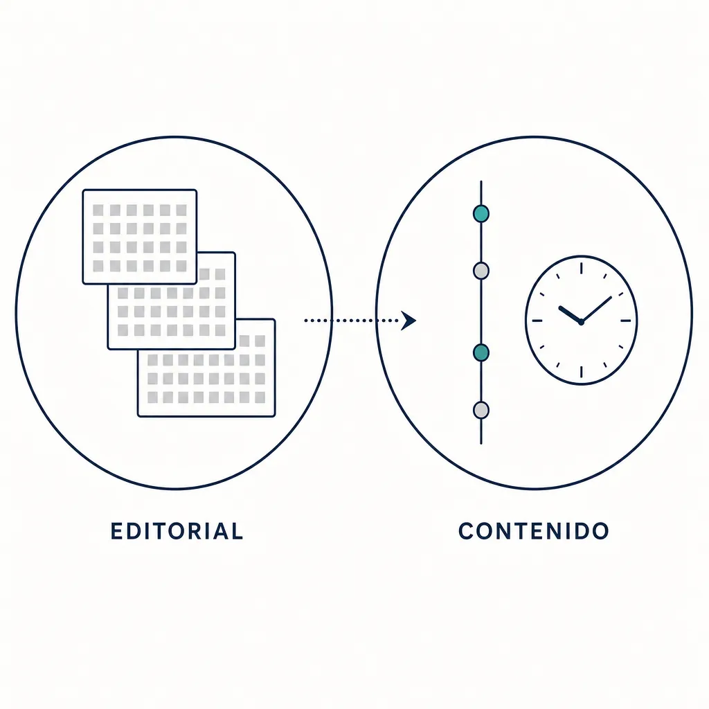 Deux cercles comparant la planification éditoriale étalée sur plusieurs mois et le calendrier de contenu réglé heure par heure.