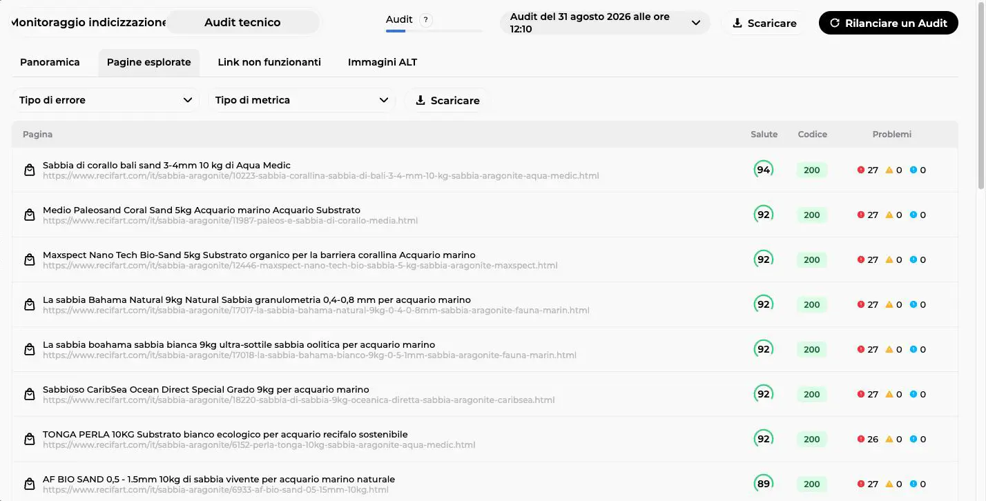 Scheda Pagine esplorate dell'audit tecnico con i filtri, il punteggio di salute per pagina, il codice HTTP e i contatori dei problemi