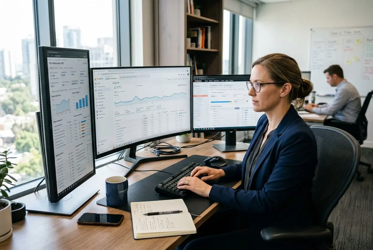 Analytisch medewerker aan een bureau met meerdere monitoren die SEO- en webstatistieken bekijkt en noteert, passend bij seo audit kosten prijs discussion.