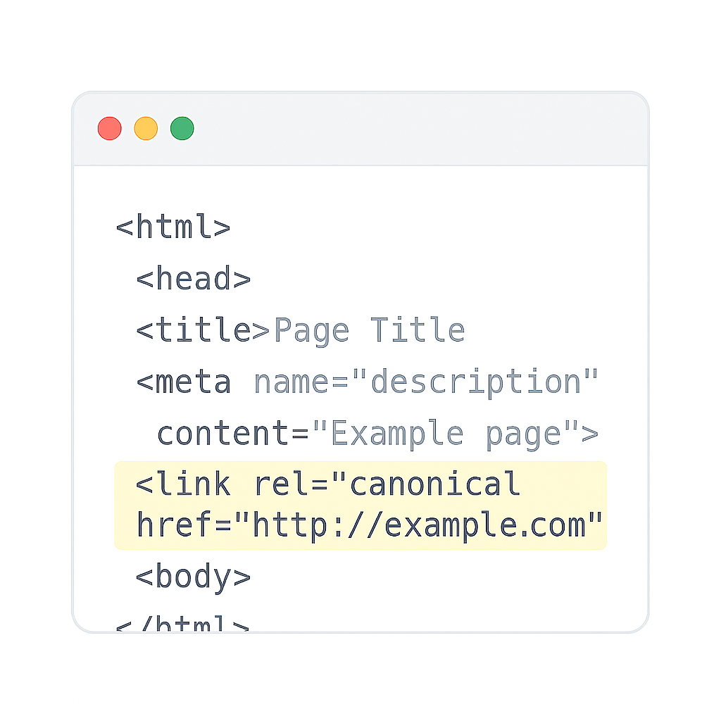 Exemple de code HTML montrant comment insérer la balise link rel=canonical dans la section <head> d'une page web.
