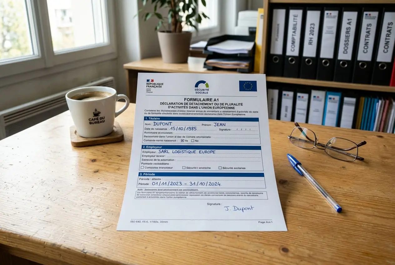 Formulaire A1 posé sur le bureau, avec lunettes, stylo et tasse de café, proche d’un rang de classeurs. couverture sociale travailleur détaché roumain.