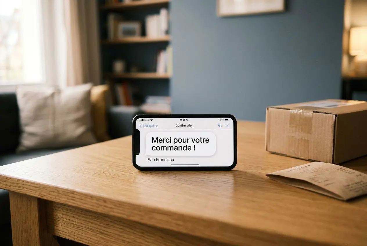 SMS marketing examples : notification de confirmation de commande affichée sur un téléphone posé sur une table, près d’un colis.
