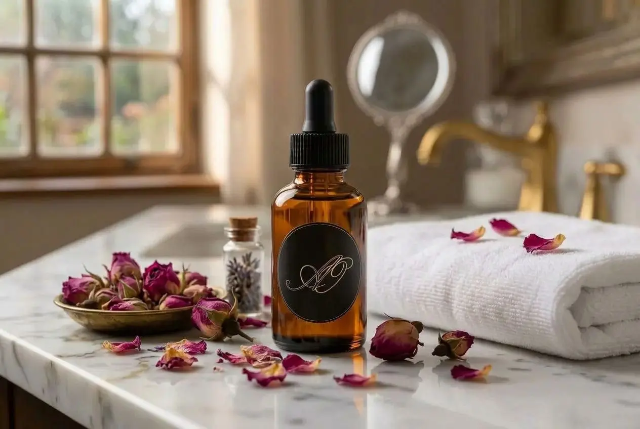 Flacon d’huile ou gel aromatique avec compte-gouttes sur une table de salle de bains, entouré de pétales et d’un linge blanc, ambiance spa. aloe vera psoriasis cuir chevelu