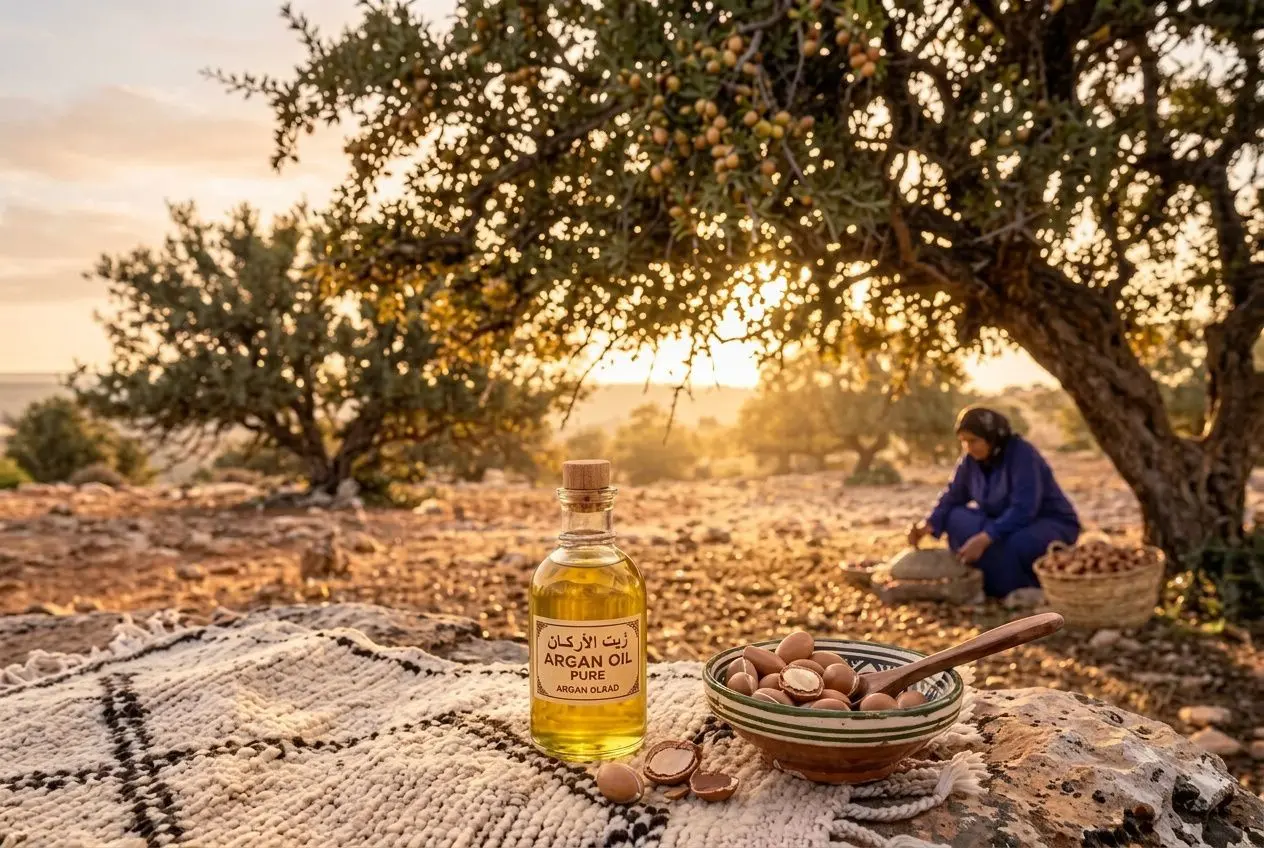 Huile d’argan pure dans une bouteille près d’un bol de noix, en plein air au coucher du soleil, ambiance méditerranéenne. psoriasis remède forum