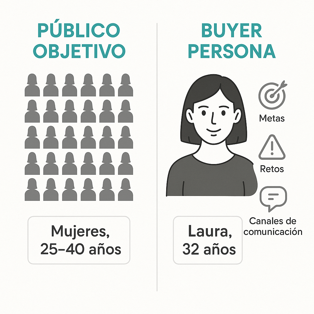 Esquema que diferencia al público objetivo, un grupo demográfico amplio, del buyer persona, un perfil detallado y específico de un cliente ideal.