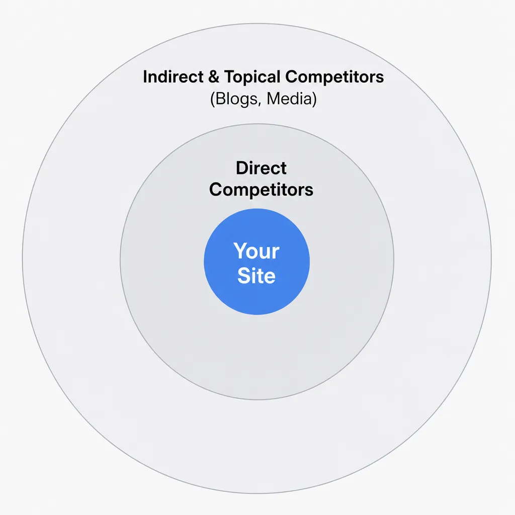 Diagram of the circles of SEO competition: your site at the centre, surrounded by direct competitors then indirect competitors.