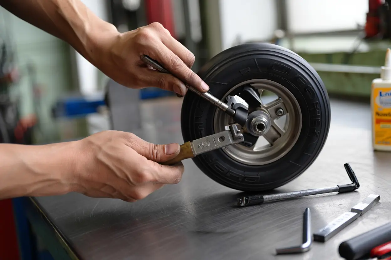 Changer pneu trottinette électrique dualtron mini : montage hors cadre, démonte et outil pour roue arrière de trottinette en atelier.